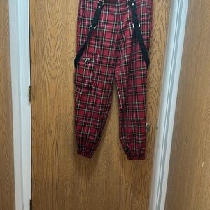 Hot Topic Red Plaid Punk Emu Pants with Suspenders Womens US 5